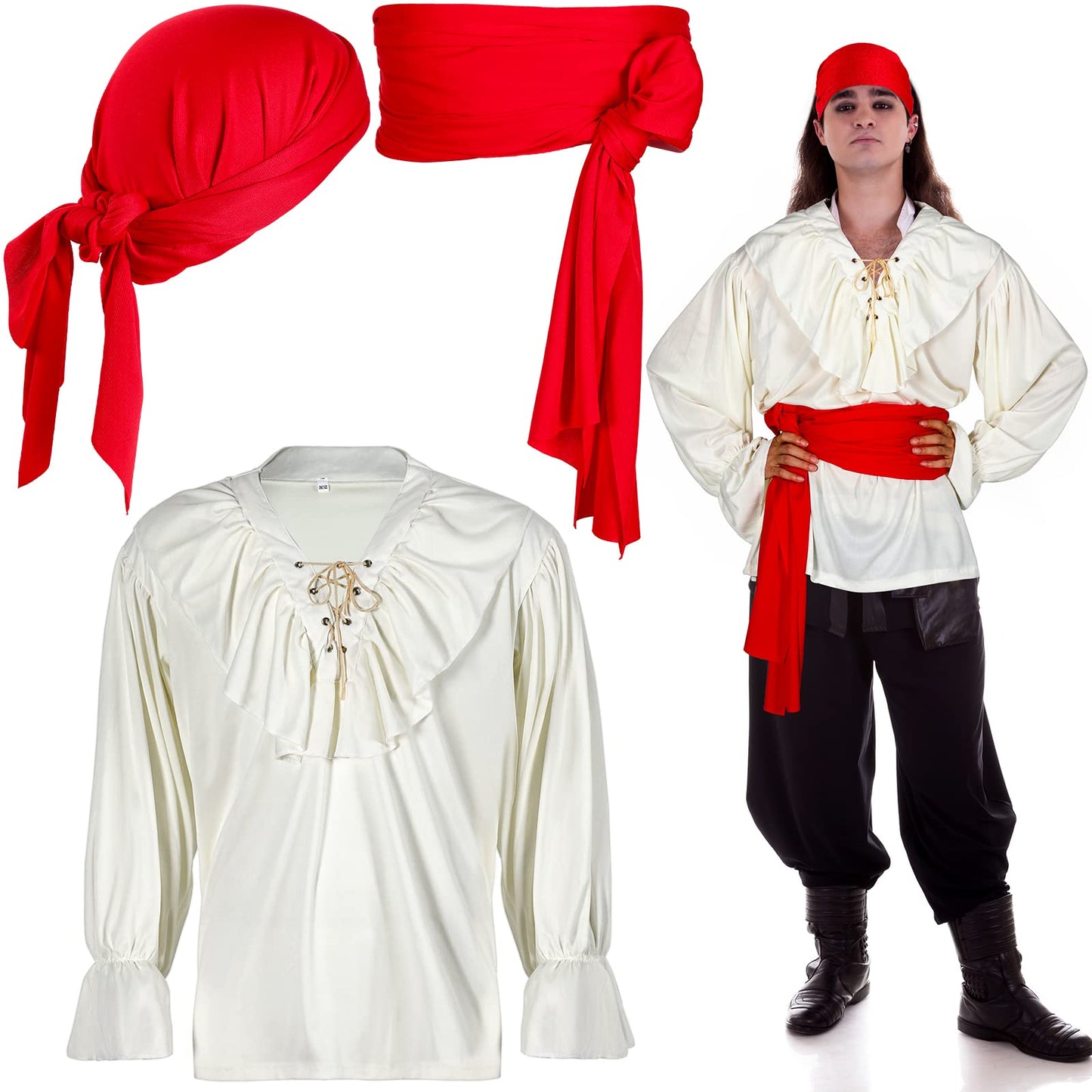 Unittype 3 Pieces Pirate Costume for Men, Pirate Shirt Head Scarf and Sash Belt Costume for Men(White, Red)