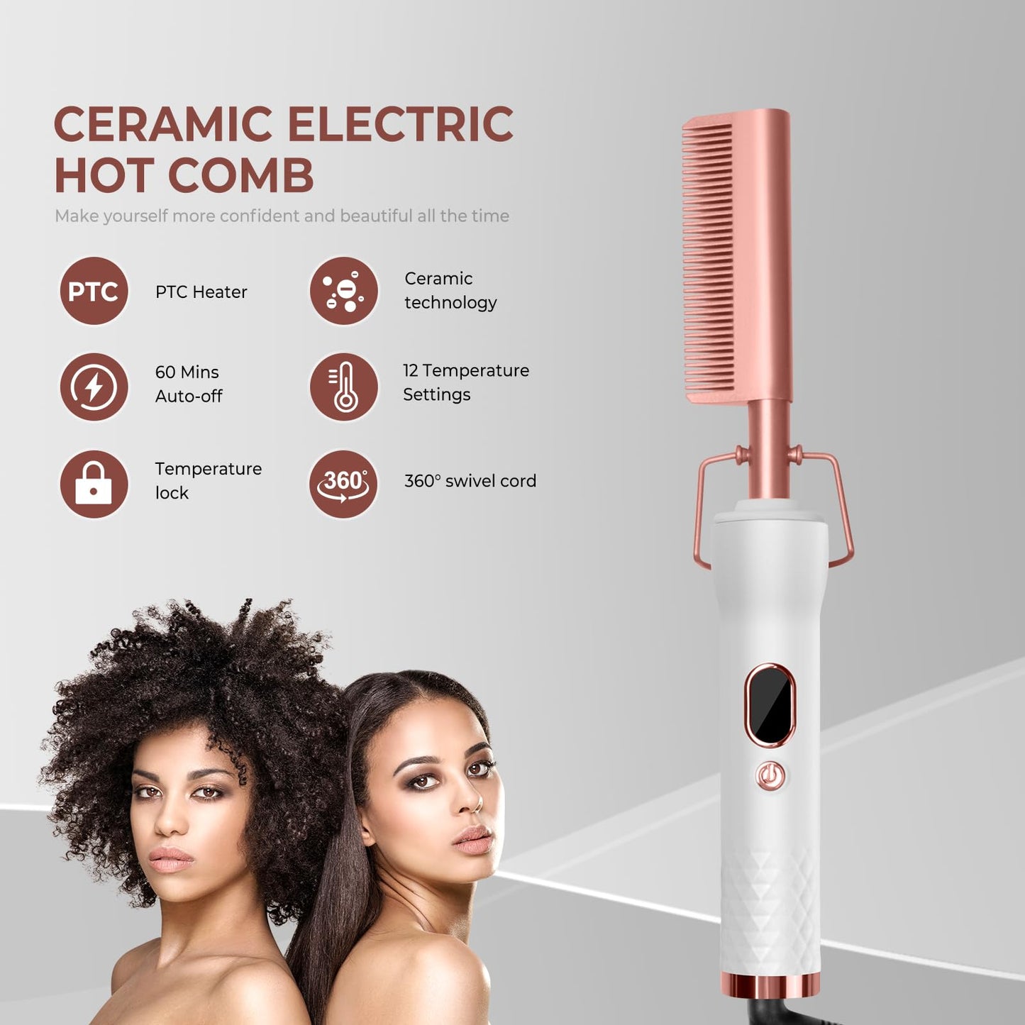 Hot Comb,Straightener and Curling Iron 2 in 1,110-240V Hair Culer for Wigs with 12 Temp Settings,Flat Iron Comb for Black Hair,H