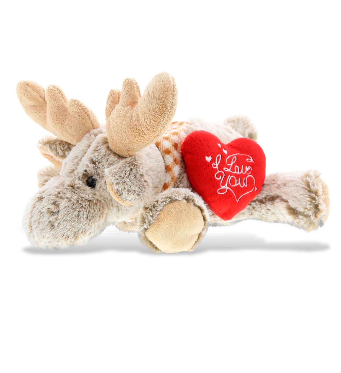 DolliBu I Love You Valentine Plush Lying Moose - Cute Stuffed Animal with Red Heart and Name Personalization Gift for Valentine's Day, Birthday, Anniversary, Romantic Date - 11 Inches
