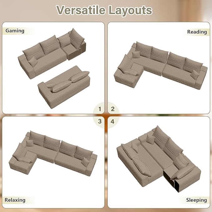 Sectional Cloud Couch for Living Room, Modular Floor Deep-Seat Sofa, Big Comfy Corduroy Couches Set with Fluffy Memory Foam, Stupendous L Shaped Sofas with Chaise, No Assembly Required, Camel