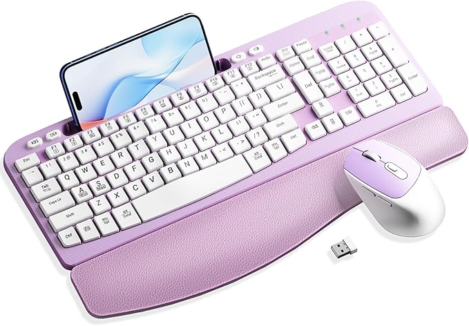 Wireless Keyboard and Mouse Combo, Wave Keys Computer Ergonomic Keyboard with Cushioned Plam Rest, Phone Holder, 2.4GHz Si...