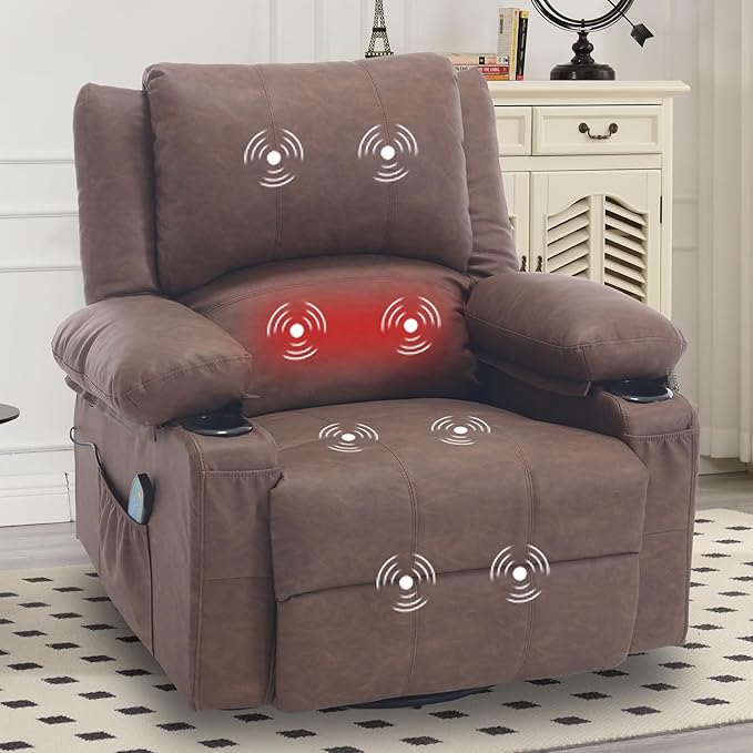 Comermax Massage Swivel Recliner with Heat, PU Leather Rocking Recliners Chair for Living Room, Modern Manual Recliner with Cup Holders, Overstuffed Single Sofa Chairs for Bedroom, Brown
