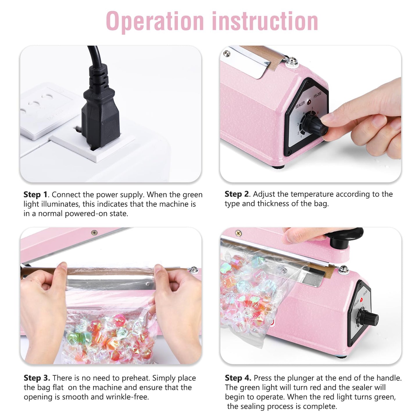METRONIC Impulse Sealer 8 inch, Manual Heat Sealer Machine for Plastic Bags, Shrink Wrap Bag Sealers Heavy Duty Sealing Machine with Repair Kit (Pink)