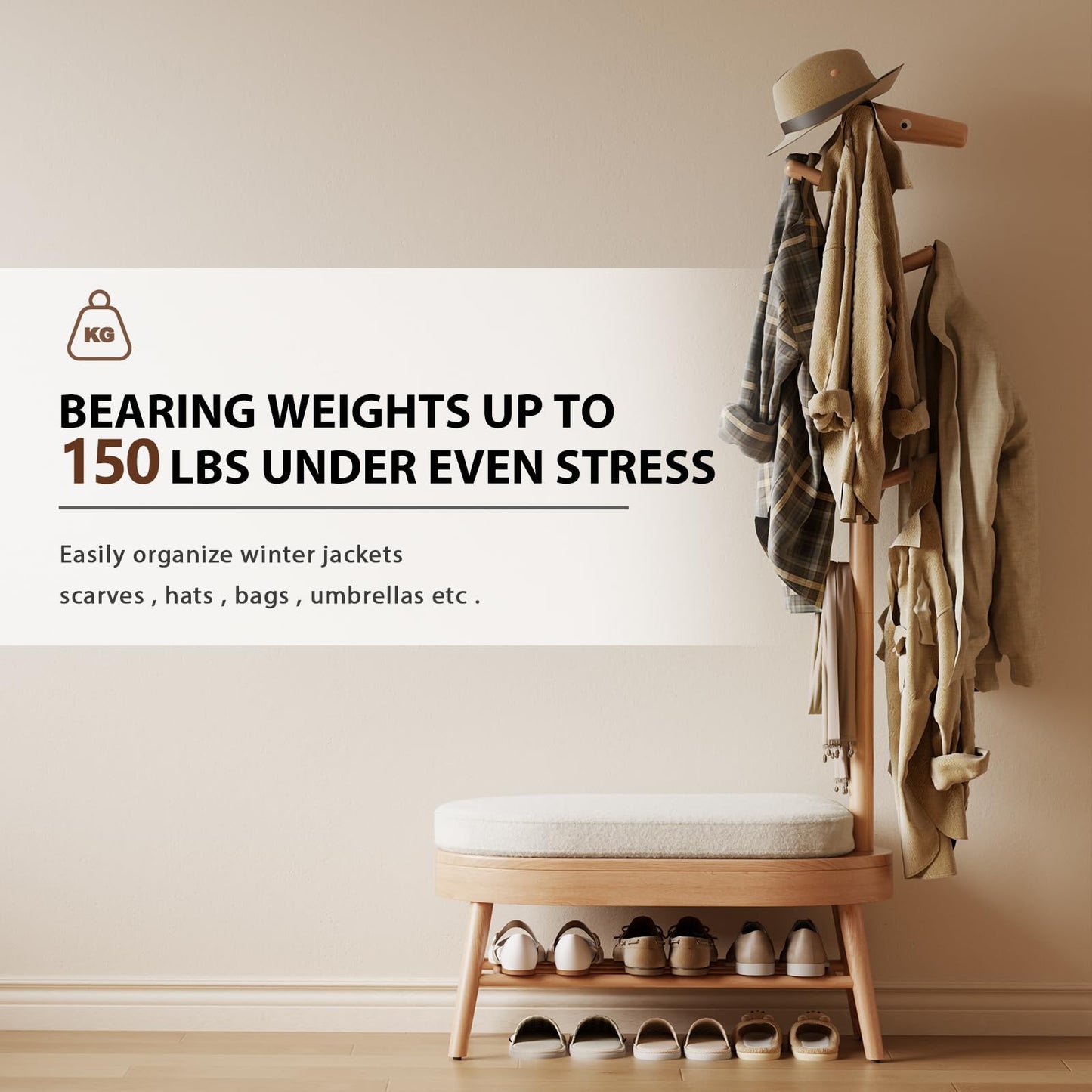 AQIMUELE Coat Rack with Shoe Storage, Wooden Shoe Bench with Coat Rack and Storage for Bench, (Natural)