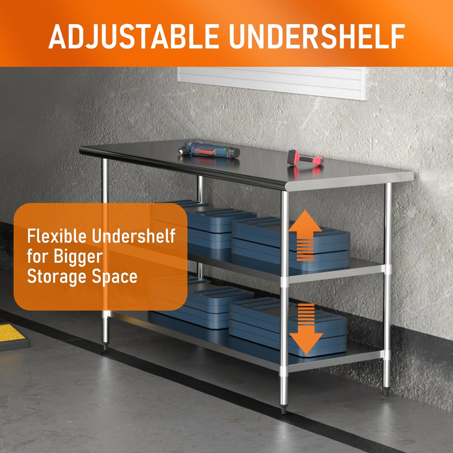 HOCCOT Stainless Steel Table for Food Prep & Work 24 x 60 inches with 2 Adjustable Undershelves, Commercial Workstation in Kitchen, Garage, Outdoor BBQ