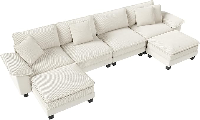 MIXPATIO 157-Inch U Shaped Sectional Sofa with Cloud Cushions, Deep Seat Modular Couch Set w/ 6 Seats & 2 Ottomans, Plush Chenille & Corduroy Upholstery for Living Room, Apartment - Beige