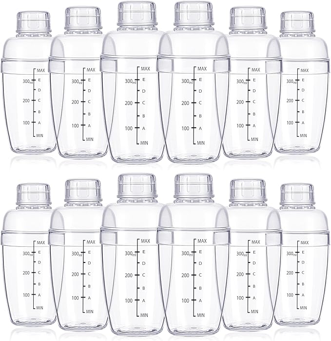 12 Pcs Plastic Cocktail Shaker with Scale and Strainer Top Clear Shaker Cup with Measurement Clear Plastic Bottle Cocktail...