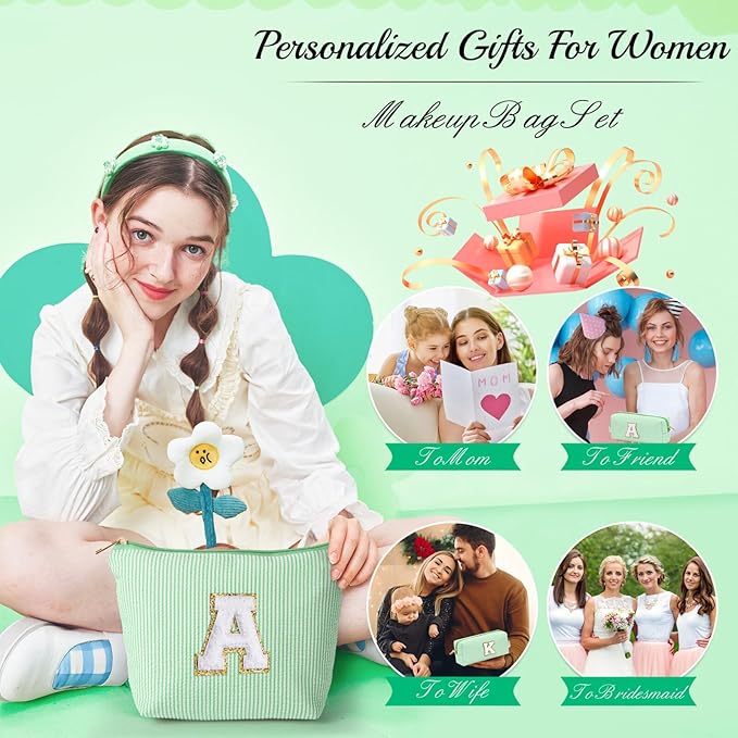 YOOLIFE Initial Makeup Bag for Women - Monogram Cute Makeup Bags Cosmetic Toiletry Pouch Make Up Case for Women Her Best Friend Friendship Sister Teacher, Personalized Birthday Gifts for Women E