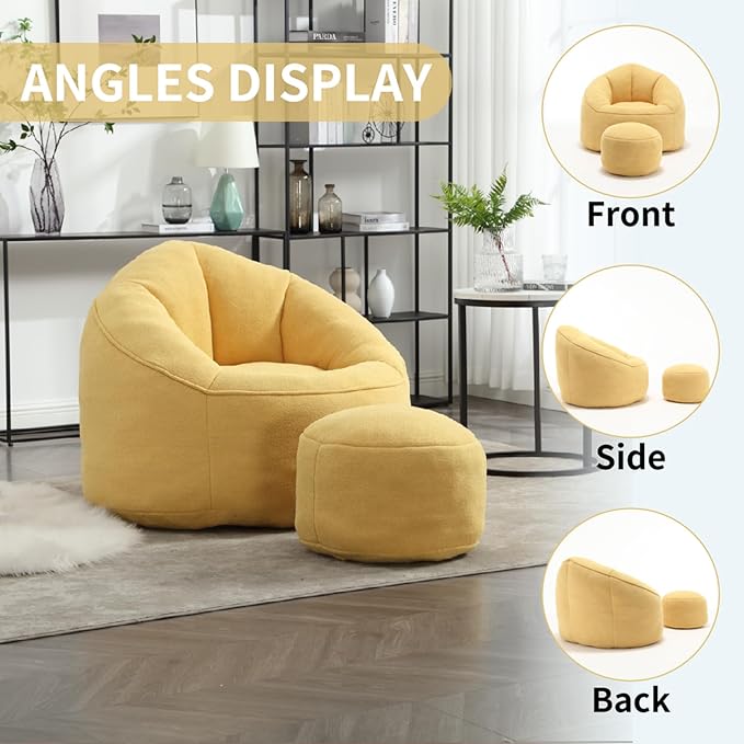 Bean Bag Chairs, Gaint Bean Bag Couch with Memory Foam for Adults and Kids, Microfiber Upholstered Sofa with Ottoman, Comfy Lazy Bean Bag Reading Chair for Living Room