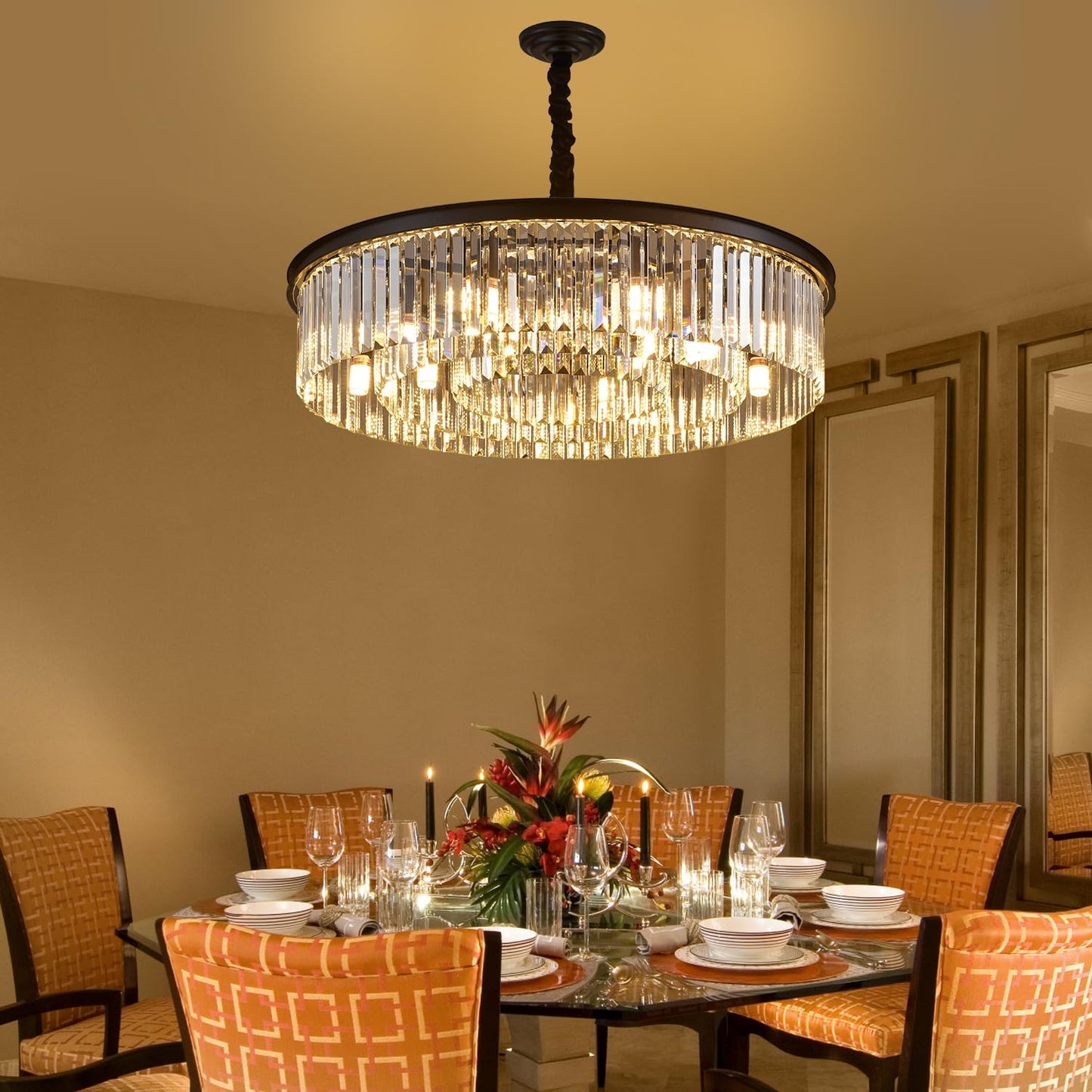 lighceac 31.5" 12-Light Modern Crystal Chandelier Light Fixtures 3 Rings Black Luxury Chandeliers for Living Room Glam Round Hanging Ceiling Pendant Lighting for Entryway Kitchen Bedroom Dining Room
