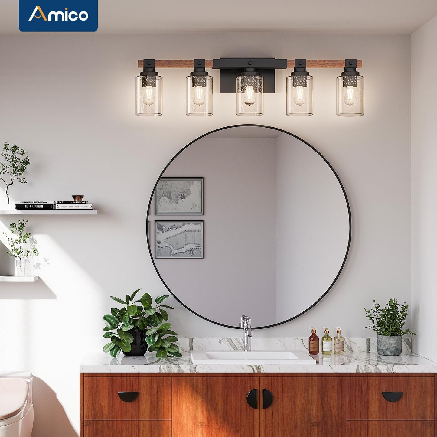 Amico Farmhouse Vanity Light Fixtures, Rustic 5-Light Industrial Painted Wood Lights for Bathroom, Vintage Black Wall Sconces with Bubble Glass Shade