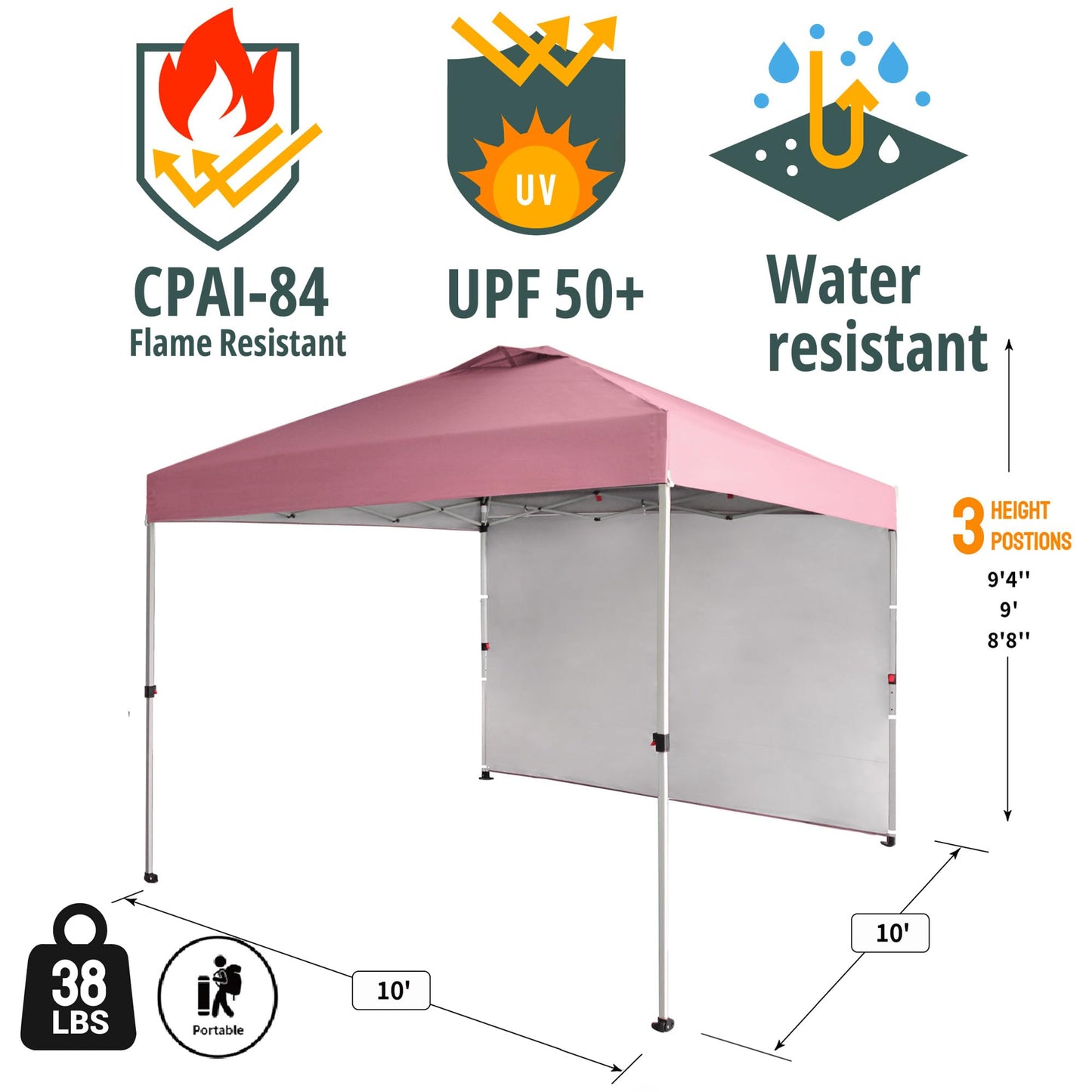 CROWN SHADES 10x10 Pop Up Canopy with 1 Side Wall - Beach Tent with One Push Setup - Outdoor Sun Shade for Events, Parties, Camping - Gazebo with STO-N-Go Cover Bag (Pink)