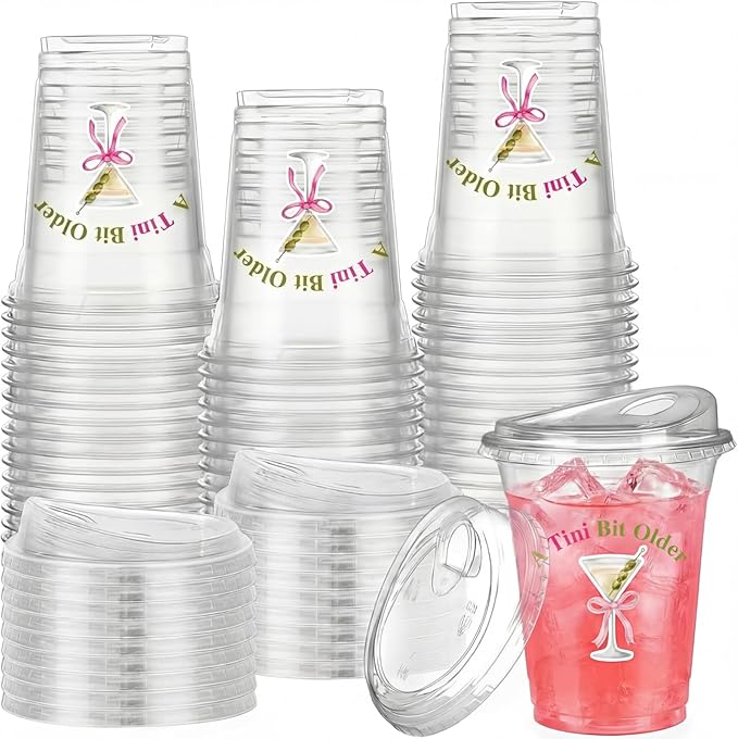 LemonRoad 50 Pack a Tini Bit Older Cups with Strawless Sip Lids 12 oz Plastic Martini Birthday Cups Martini Bow Party Deco...
