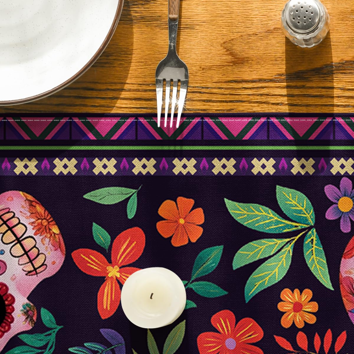 Artoid Mode Mexican Sugar Skull Dia De Los Muertos Table Runner, Day of The Dead Altar Kitchen Dining Table Decoration for Home Party Decor 13x72 Inch