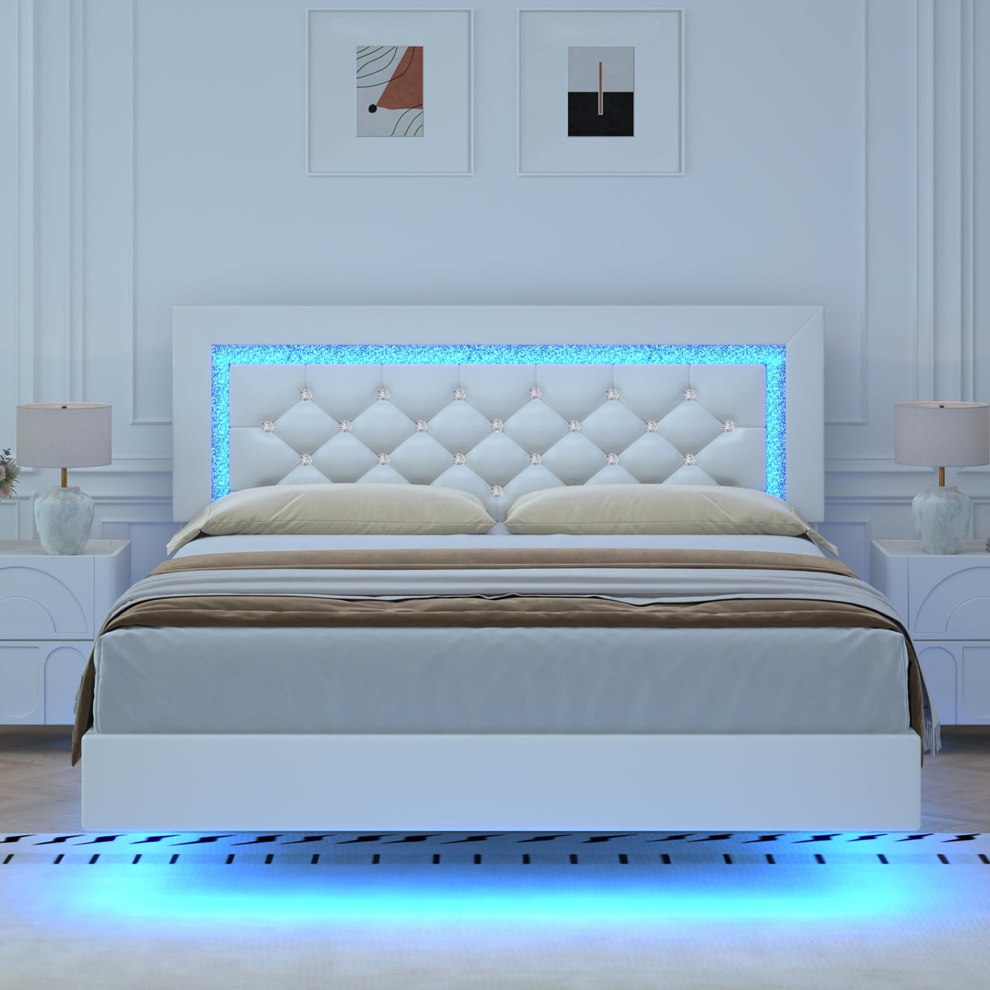 Floating Bed Frame Queen with LED Lights, Upholstered Platform Bed with Diamond Tufted Headboard, No Box Spring Needed, Noise Free, Easy Assembly, White