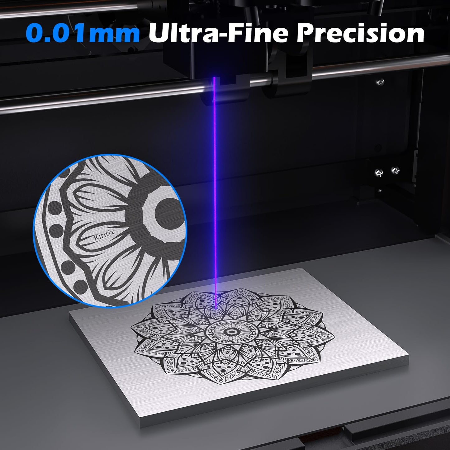 Genmitsu Kintix Laser Engraver 5W 5000mW, 90000mm/min Ultra Fast Galvo Laser with Auto-Lifting, 200x100mm Large Area for Jewelry, Metal, Wood, Compatible with LightBurn, APP Supported, Class 1 Safety