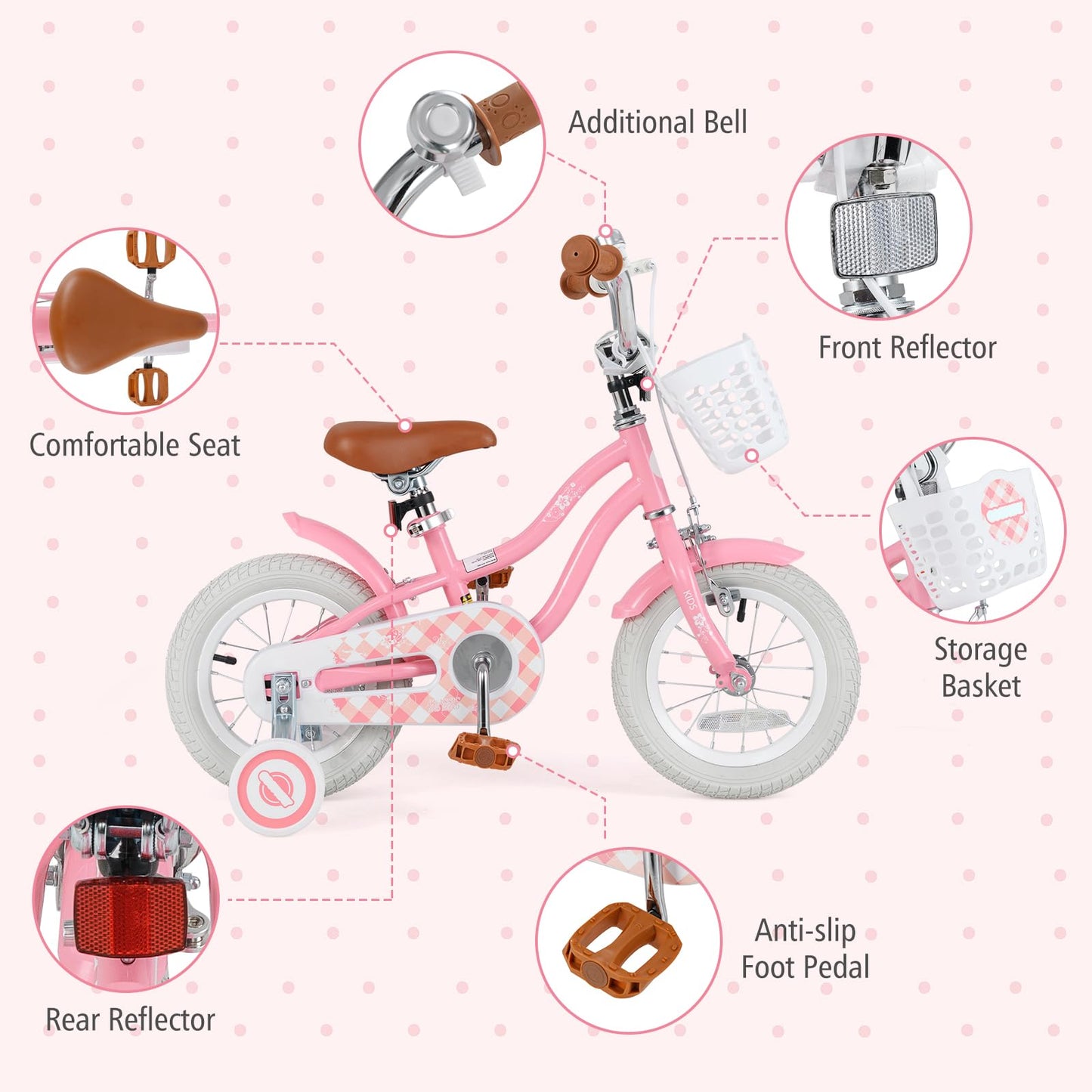 BABY JOY Kids Bike, 12 Inch Boys Girls Bike w/Adjustable Seat, Basket, Handbrake Coaster Brake, Training Wheels or Kickstand, Kids Bicycle with Multi-Color (Rose Red)