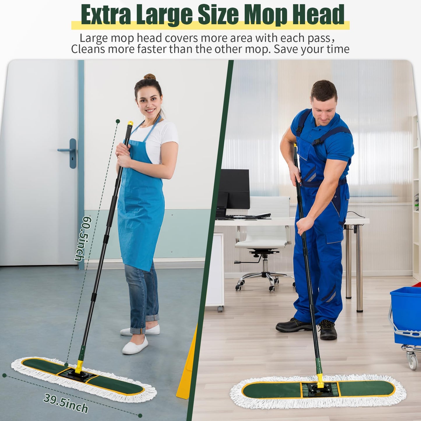 36" Commercial Dust Mop for Floor Cleaning with Replacement Mop Pads, Heavy Duty Industrial Large Floor Wet Dry Mop for Cleaning Office Garage Hardwood Warehouse Factory Mall