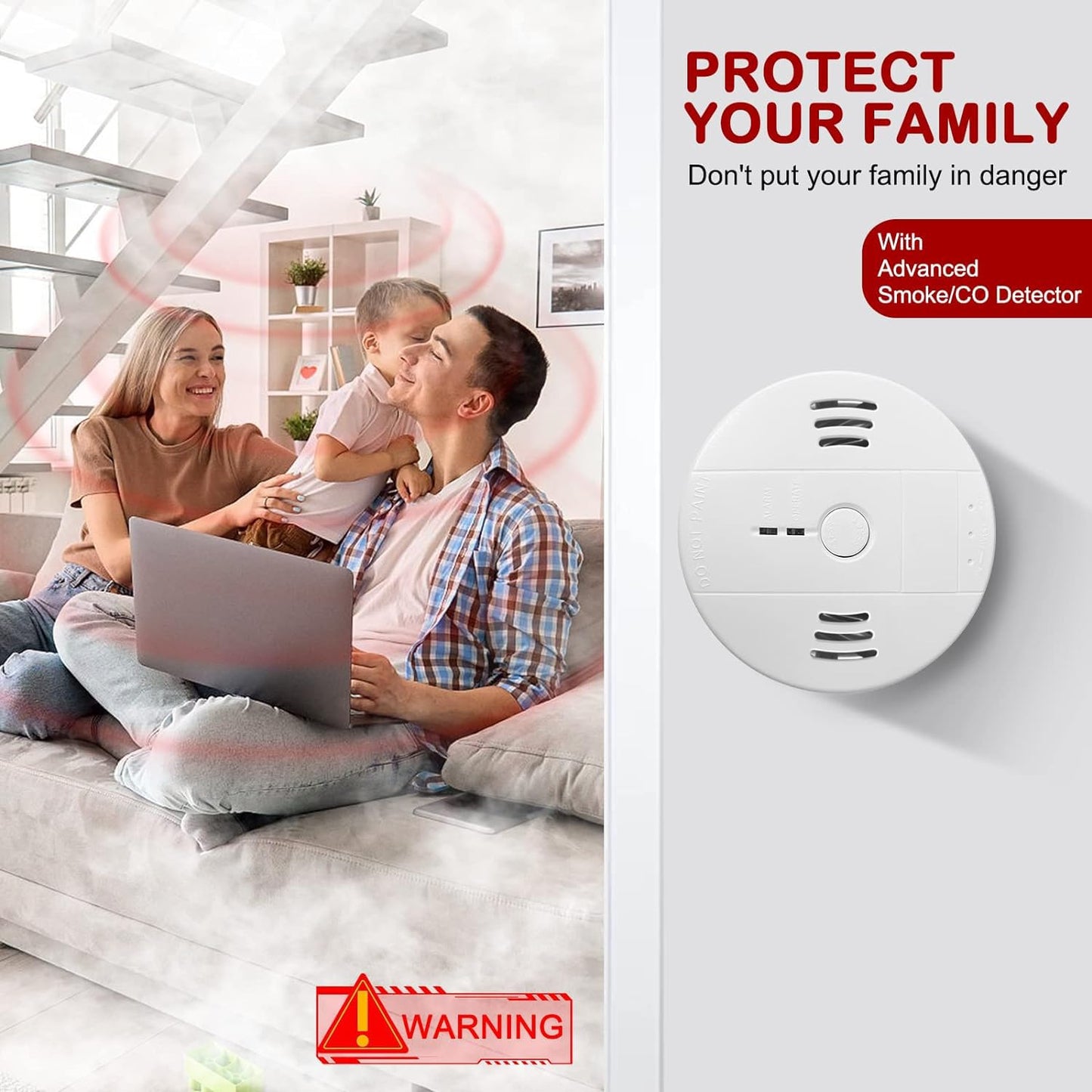 Combination Smoke and Carbon Monoxide Detector Alarm, 2-Pack Beeps Warning Smoke and CO Alarms for Basements Travel Home Office House Bedroom Living Room Car, Battery Operated, Comply with UL 217/2034