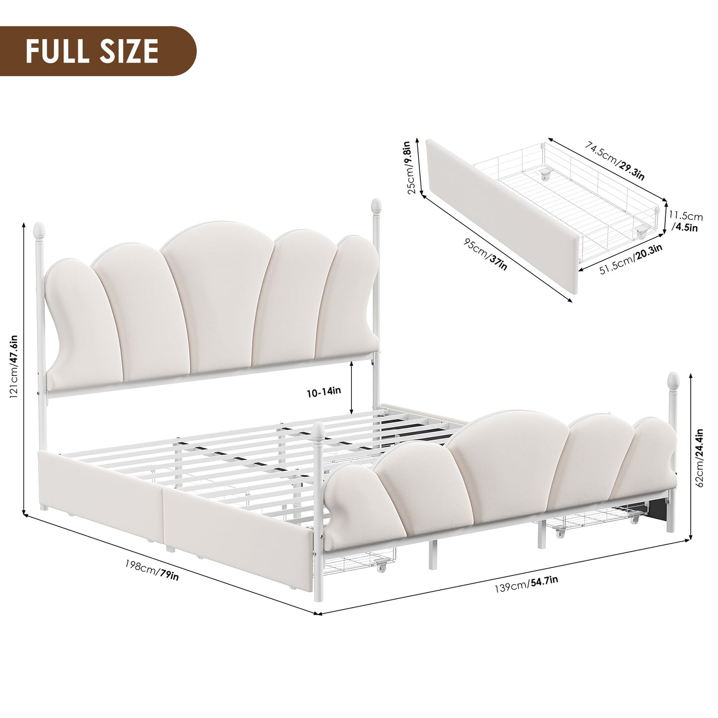 FOTOSOK Full Bed Frame, Full Size Bed Frame with Adjustable Headboard, Bed Frames Queen Size with 4 Large Storage Drawers, No Box Spring Needed, Noise Free, White