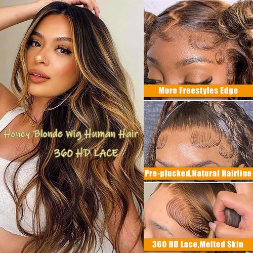 Brofiri Honey Blonde Wigs 360 HD Lace Front Wigs Human Hair 4/27 Colored Ombre Highlight Body Wave Lace Front Wigs Human Hair Pre Plucked Full Lace Frontal Wigs Glueless Wigs 180% Density 20 Inch