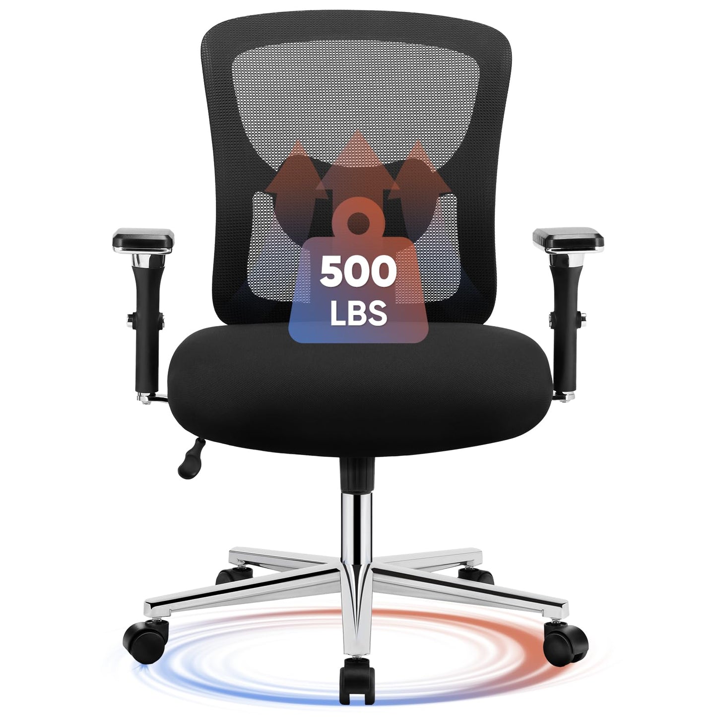 DUMOS Big and Tall Office Desk Chair with Lumbar Support, 500lbs Heavy Duty Mesh Ergonomic Computer Chair with 4D Armrest and Wide Comfy Seat, Swivel Wheels for Adult, Black