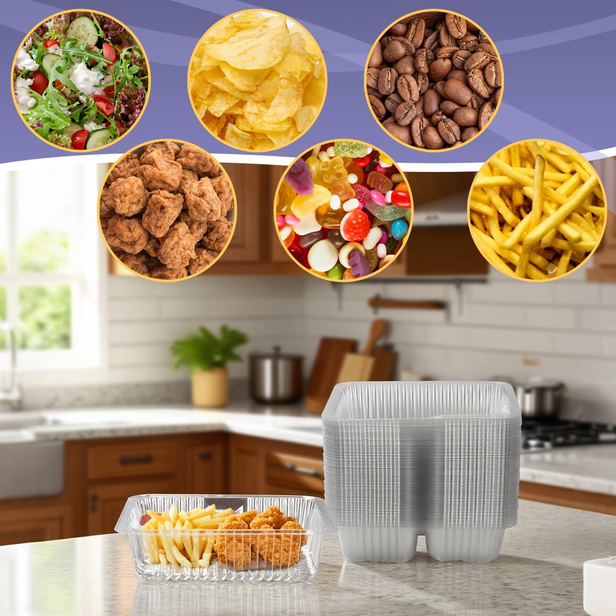 zandfelo 100 Pcs 12oz 6.5''x5'' Plastic Nacho Trays, Small Disposable Tray for Nachos & Cheese Dip, Clear Nacho Containers for Chip, 2 Compartment Movie Night Snack Trays Great for Snacks, Fair Foods