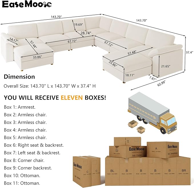 EASE MOOSE Oversized Sectional Modular Sofa，Comfty U Shape Sectional FSC Certified Modern Deep Seat Couch, Modular Cloud Couch