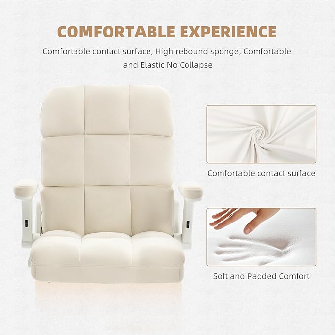SEATZONE Home Office Chair–Beige Velvet Desk Chair with Wheels, Comfortable Computer Work Chair with Flip-up Arms and Adjustable Tilt