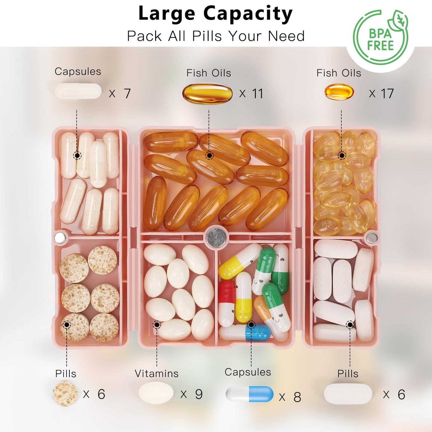 FYY Daily Pill Organizer,2 Pcs 7 Compartments Portable Pill Case Travel Pill Organizer,[Folding Design] Pill Box for Purse Pocket to Hold Vitamins,Cod Liver Oil,Supplements and Medication-Pink+Navy