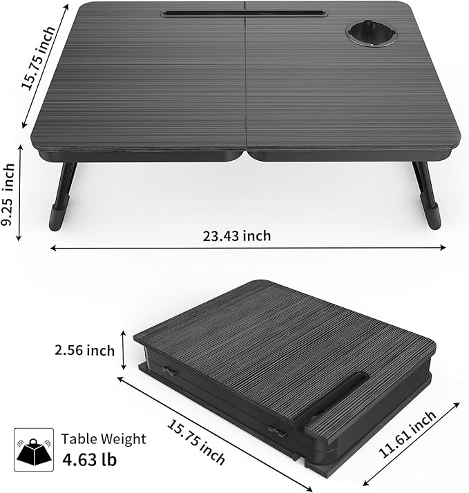 BUYIFY Portable Foldable Laptop Desk for Bed and Couch, Adjustable Lap Desk with Cup Holder and Phone Holder, Ideal for Working, Reading, Writing, and Breakfast (Black)-USA Original Patent