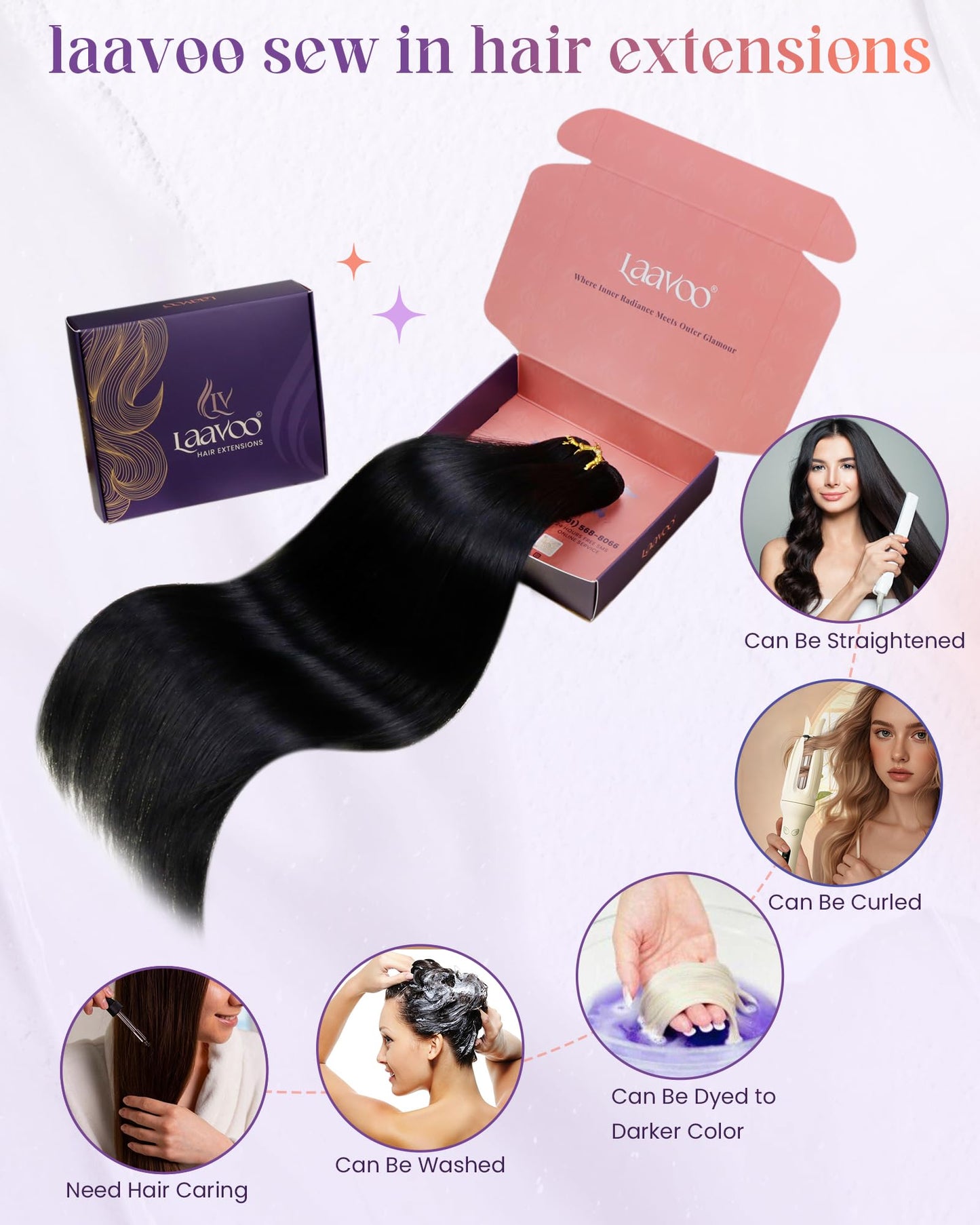 LaaVoo Weft Hair Extensions Human Hair Black Women Sew in Wefts Human Hair Extensions Straight Weft Extensions Jet Black 20 Inch