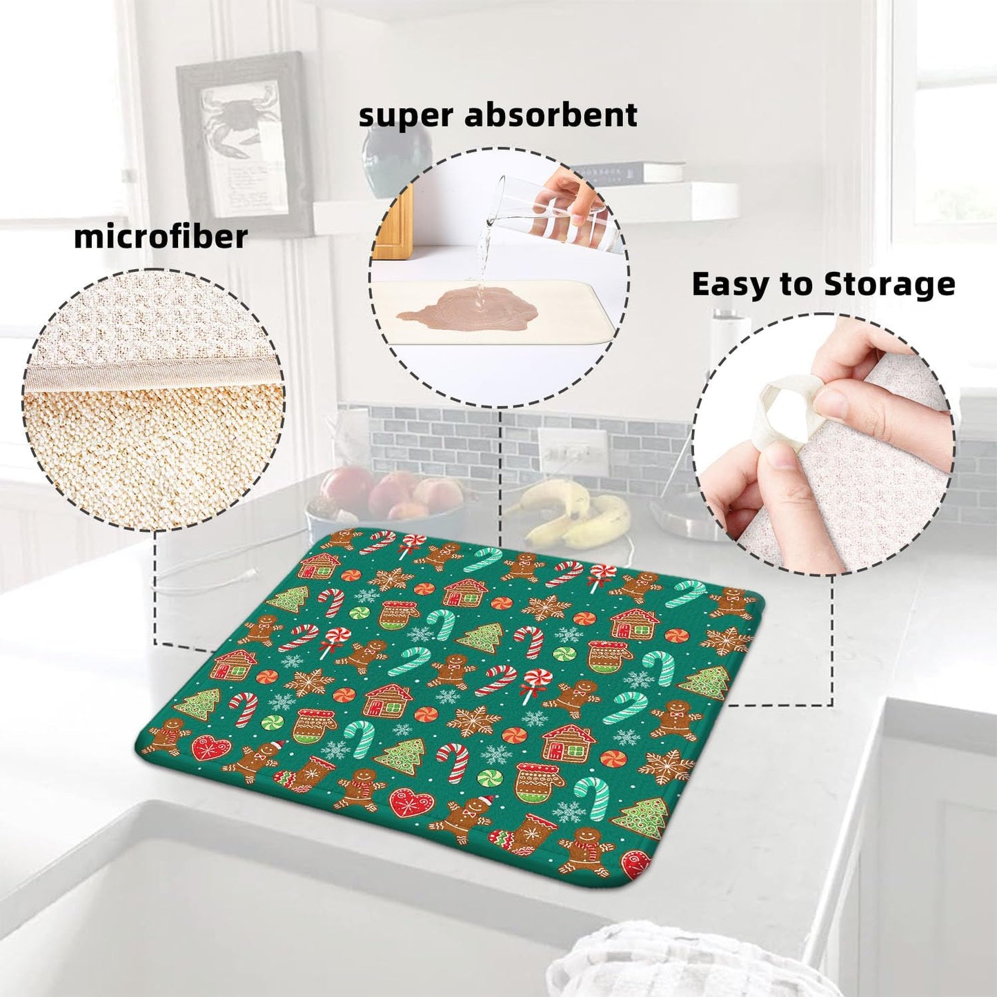 Green Christmas Drying Mat for Kitchen Counter 16" X 18" Christmas Dish Drying Mat for Kitchen Decor Candy Xmas Drying Mats For Home Counter Drying Mats For Dishes Dish Mat Drying Mat