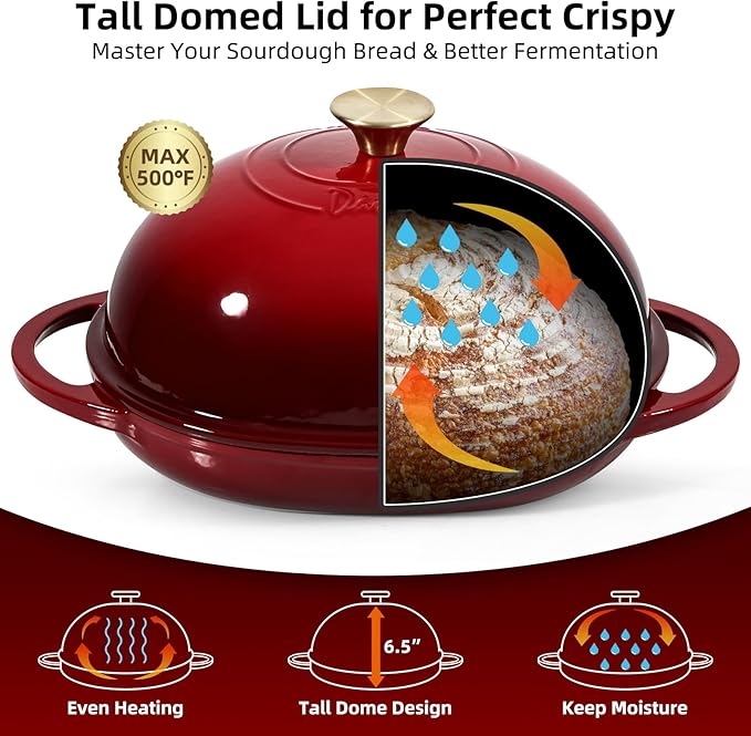 Davivy 6QT Oval Cast Iron Sourdough Dutch Oven with Silicone Oven Mitts, Bread Dutch Oven for Sourdough Bread Baking 6QT, Cast Iron Bread Cloche Loaf Pan with Domed Lid - Ruby Red