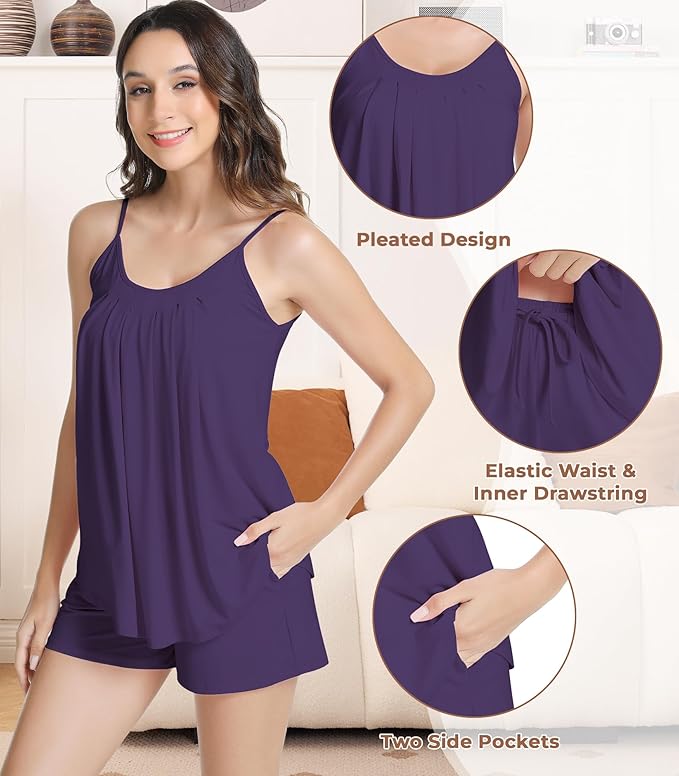 NACHILA Pajamas for Women-Viscose from Bamboo, Ribbed Racerback Tank Top Sexy Split Shorts Pajama Sets Cooling Sleep Cami Pjs