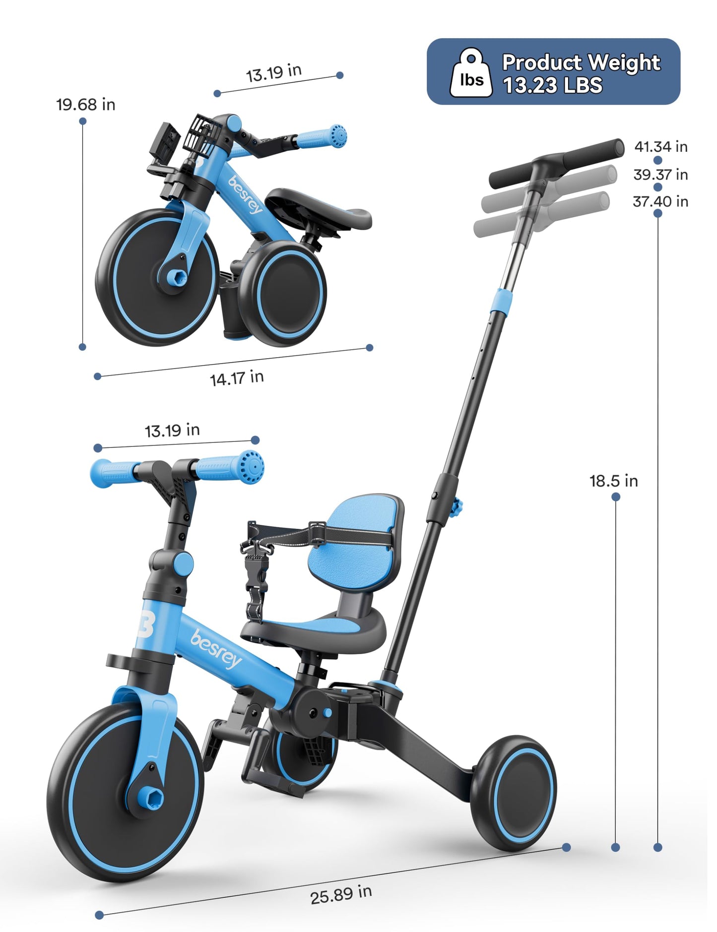 besrey 5 in 1 Toddler Bike, Toddler Tricycle for 1-3 Year Old, Trike with Push Handle, Backrest and Safety Belt, Birthday Gifts and Toys for Boys and Girls, Balance Bike