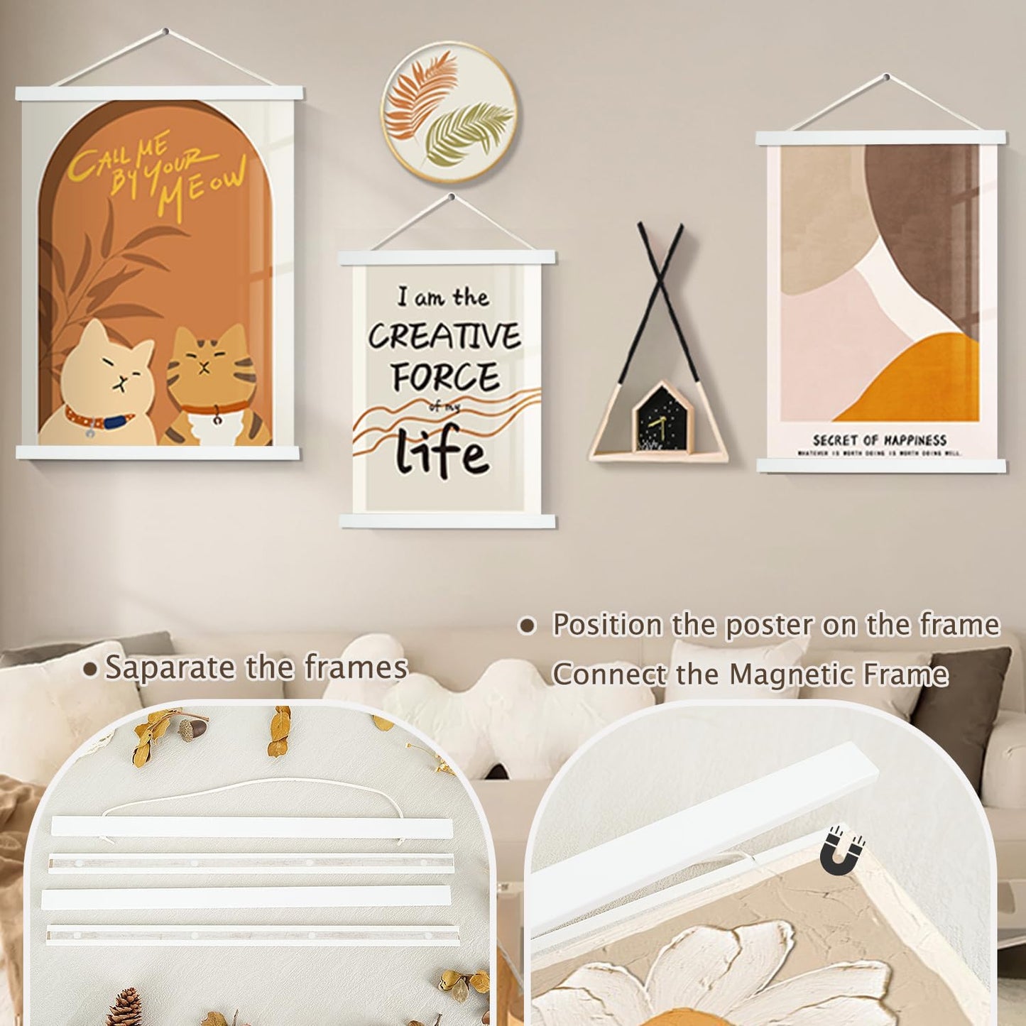 Artmag Magnetic Poster Hanger Frame, 37x45 37x40 37x25 Light Wood Wooden Magnet Canvas Artwork Print Poster Hangers Frames Hanging Kit (White, 37")