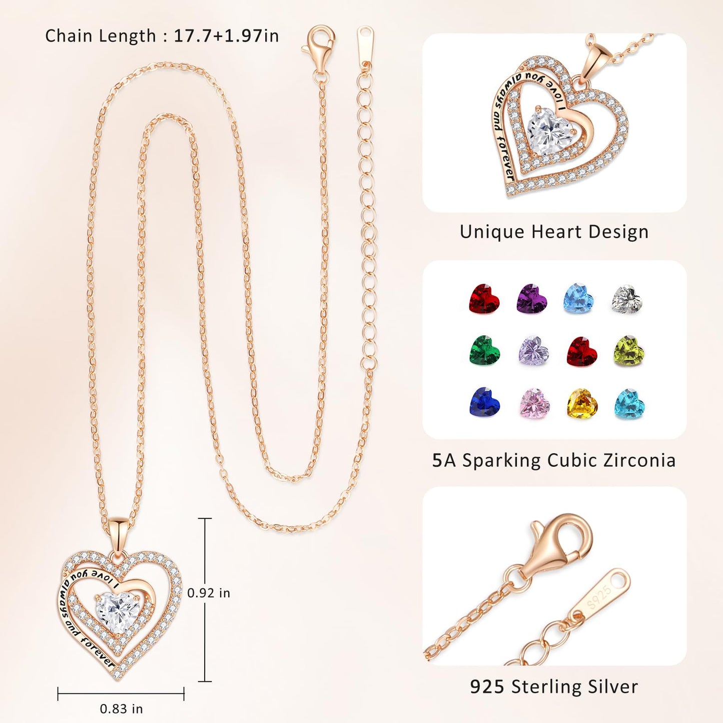 Lomantise Heart Birthstone Necklace Gifts for Women, 925 Sterling Silver Pendant Necklace Wife Birthday Gifts Anniversary Christmas Gifts for Women Wife Girlfriend Mom Her