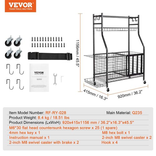 VEVOR Sports Equipment Garage Organizer Steel, Rolling Ball Storage Cart on Wheels, Basketball Rack with Baskets & Hooks, Indoor/Outdoor Sports Gear and Toys Storage Christmas Crafts Xmas Gift
