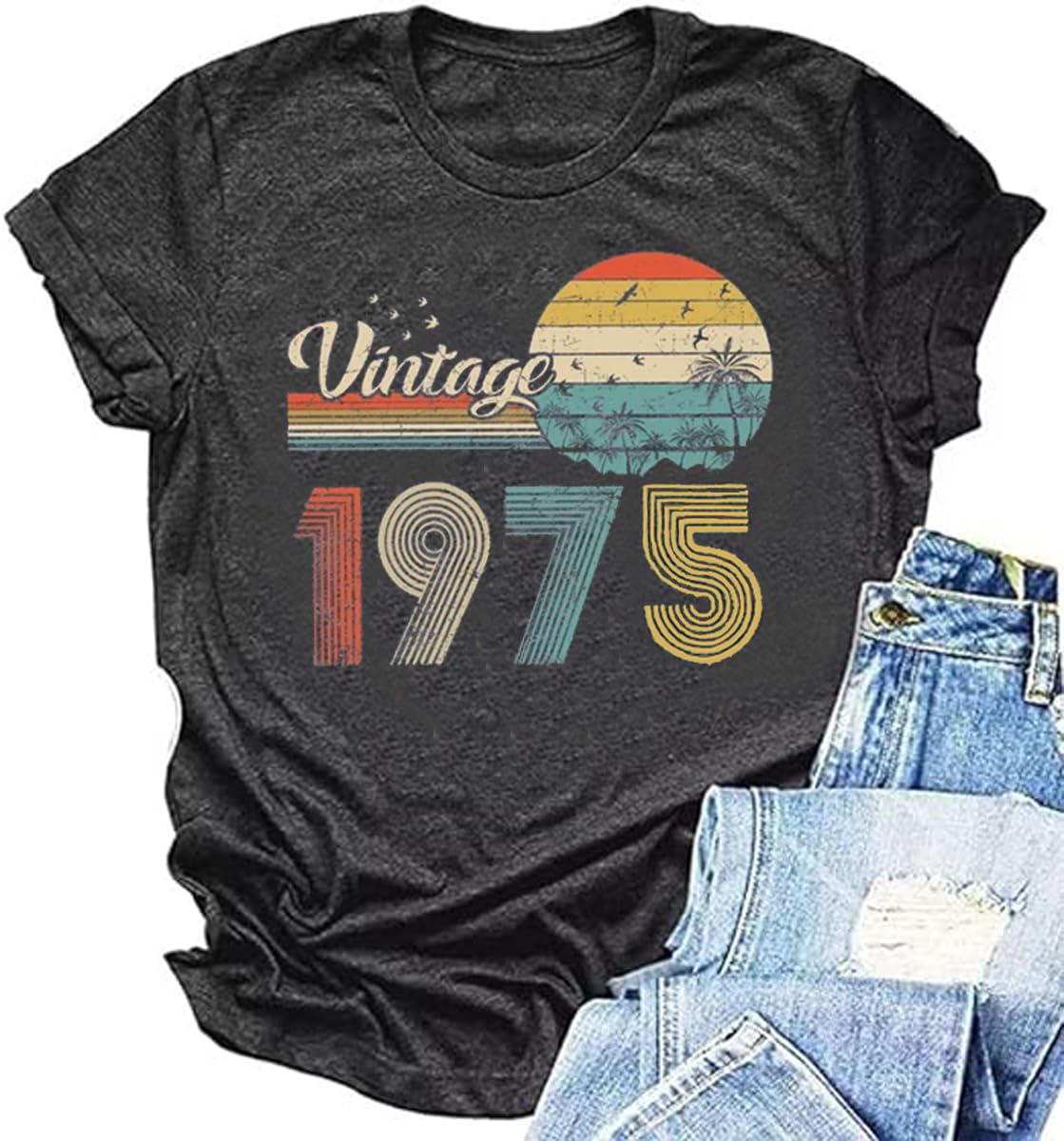 50th Birthday Gift for Women Vintage 1975 Shirts Letter Print Retro Birthday Tops Casual Short Sleeve Tee (US, Alpha, Medium, Regular, Regular, 1975 Dark Gray 3)