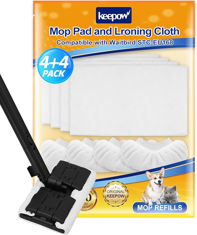 KEEPOW 4+4Pack Reusable Microfiber Mop Pads Compatible with Waitbird Steam Cleaner STC-EU168, Reusable Microfiber Cleaning Replacement Pads 4 Pack and 4 Pack Ironing Cloths (Mop is Not Included)
