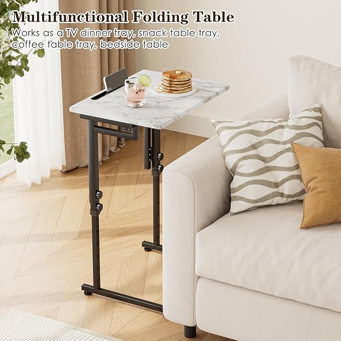Fleecy day TV Tray, Folding TV Dinner Table, Adjustable Small C-Shaped End Tray for Eating, Foldable Slide Under Couch Side Table for Recliner, Living Room,No Assembly Required(White Marble,2Pcs)