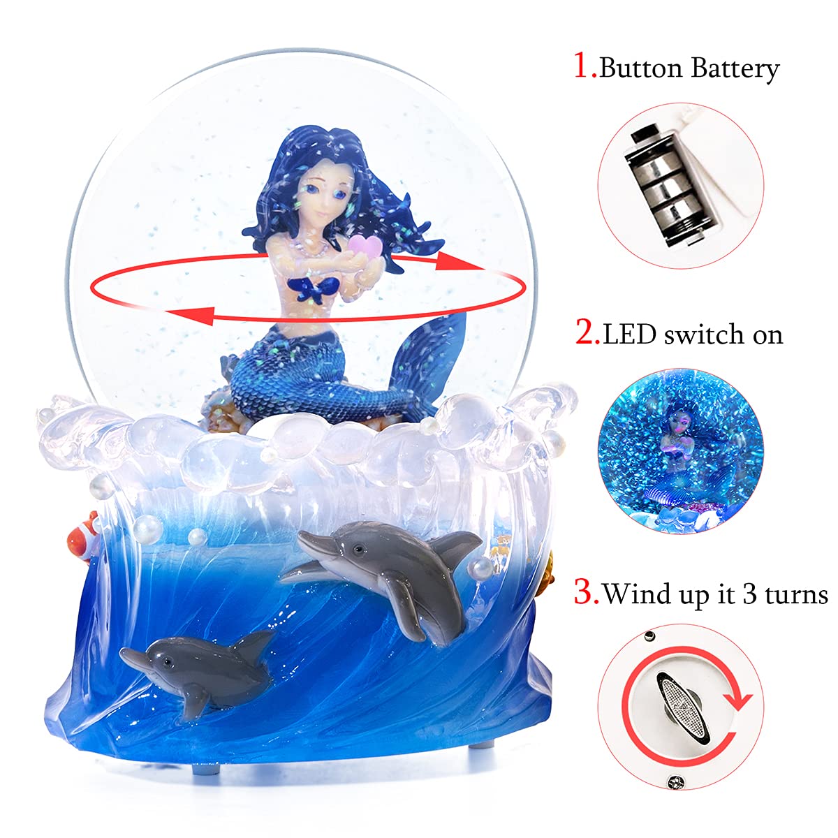 Mermaid Snow Globe Music Box, Ocean Theme Birthday Gift for Girls Daughter Girlfriend Wife Women Mother Day Anniversary Musical Box with Light Play You are My Sunshine