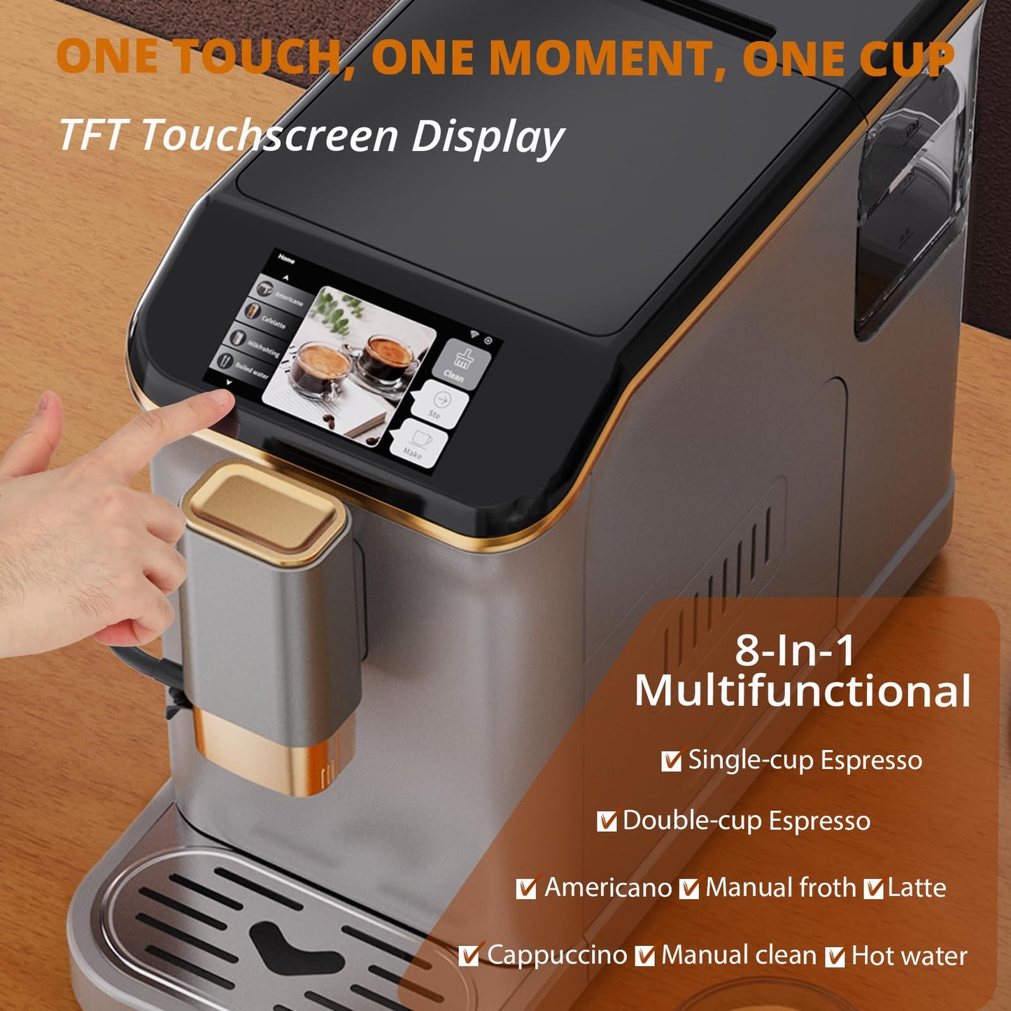 Garveehome Fully Automatic Espresso Coffee Machine with Milk Frother, 20 Bar Pressure, 15 Adjustable Grind Levels, 8 in-1 Coffee Maker with TFT Touchscreen, Removable Water Tank Cappuccino Latte Maker