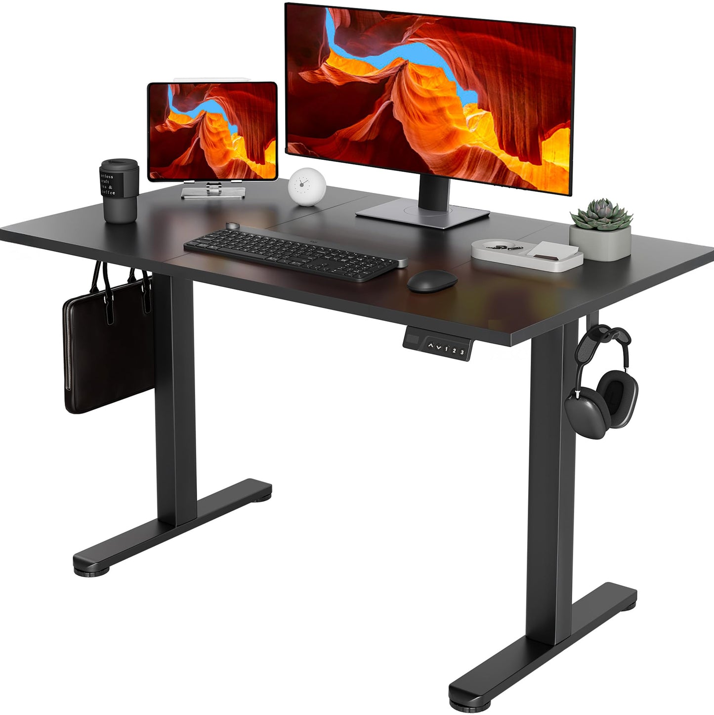 YDN Electric Standing Desk Adjustable Height, 48 x 24 Inches Stand up Desk with Cable Management, Home Office Desks with Splice Board & Black Frame, Black Top