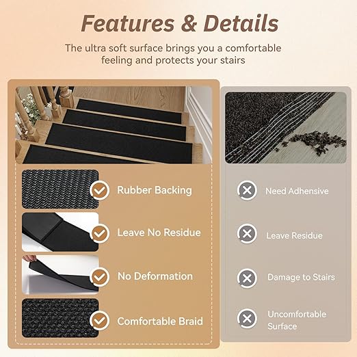 PADOOR Stair-Treads Non Slip 15PCS, Stair Treads for Wooden Steps Rubber Backing Indoor, Carpet Stair Treads Residue Free, Stair Runner Durable Stair-Carpet Treads for Kids and Dogs 8"x30" Black