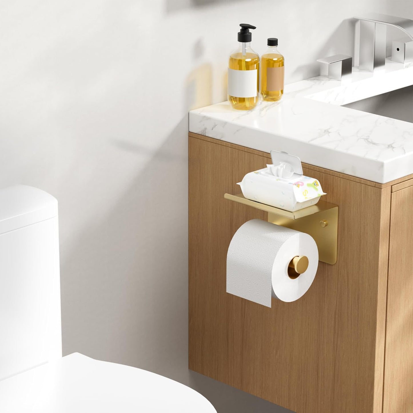 Toilet Paper Holder with Shelf, Adhesive or Screw Wall Mount Toilet Paper Roll Holder for Bathroom, 304 Stainless Steel Commercial Toilet Tissue Roll Dispenser with Phone Shelf (Brushed Gold)