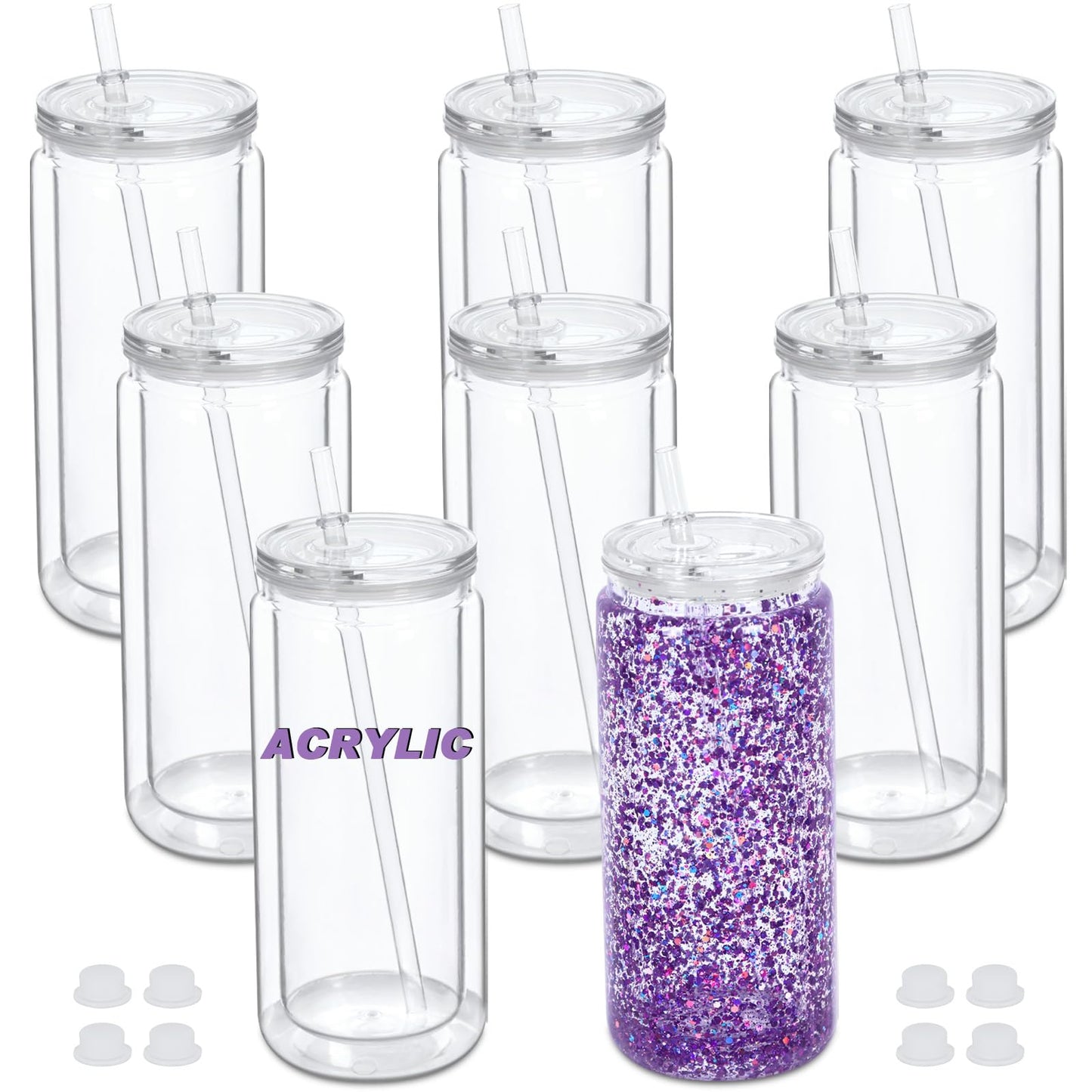 Micellwuu 20 oz Acrylic Snowglobe Tumbler, 8 Pack Double Wall Snow Globe Cups with Pre Drilled Hole, Plastic Mason Jar Cups Can for Snow Globe Glitter DIY (Clear)