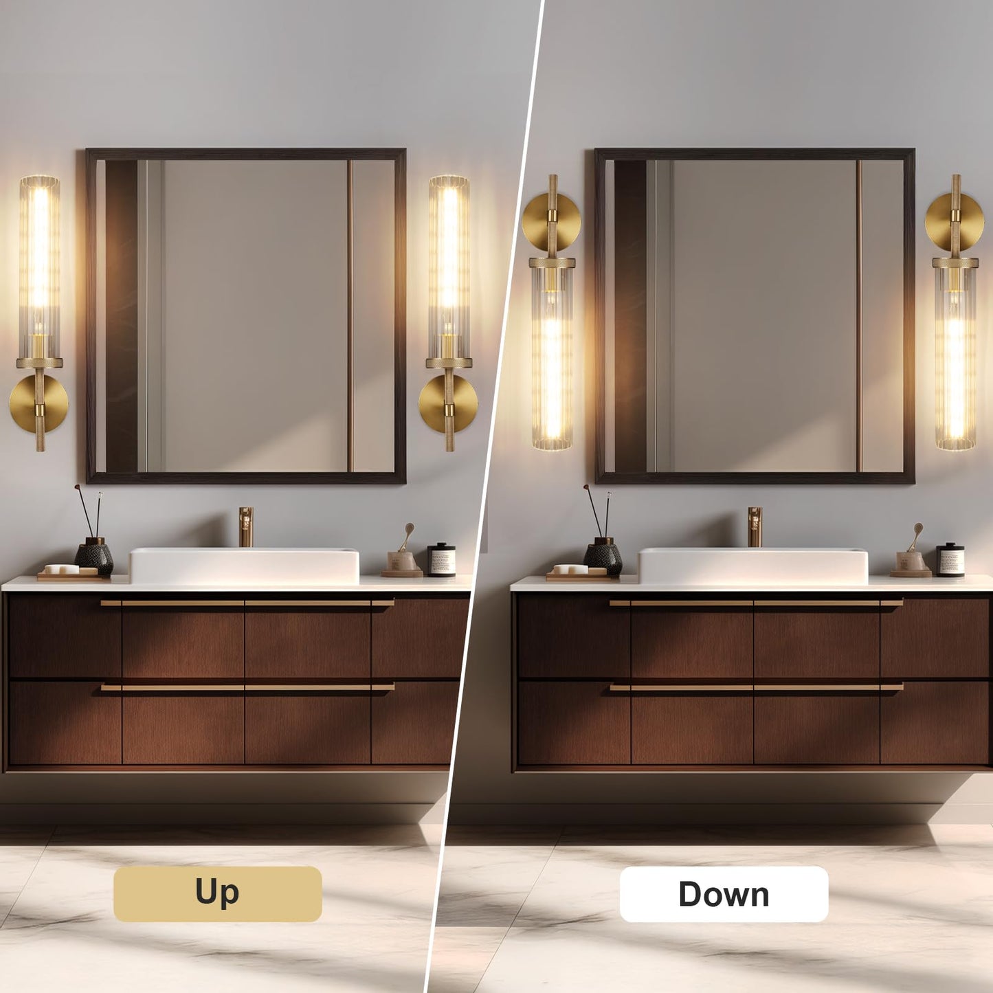 19.5" Knurled Brass Wall Sconces Set of 2, Gold Bathroom Vanity Light Fixtures with Vertical Striped Glass Tube, Modern Lamp Lighting for Bedroom, Living Room, Hallway, Staircase, Mirror, Kitchen