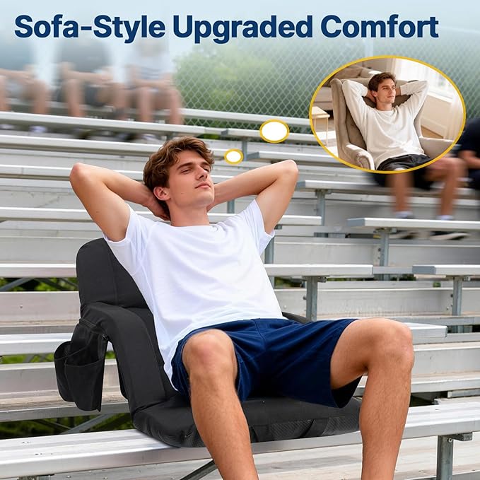 DEKEMASTER Stadium Seats with Back Support, Exclusive Sofa Style Design 23inch Wide Bleacher Chairs with Extra Thick Back and Cushion, 6 Reclining Positions for Sport Events Camping